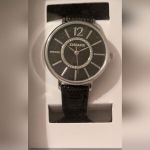 Kessaris Watch Black Dial Round Silver Tone Case Black Band NIB